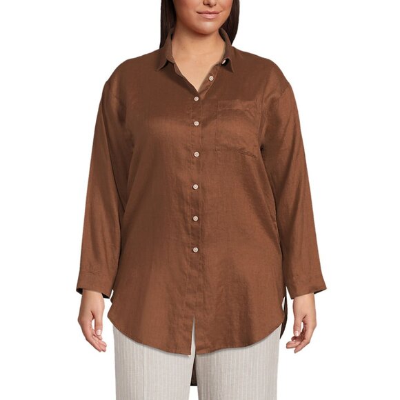 LANDS' END Women's Brown Linen Button Front Long Sleeve Tunic Top XLP 18 - Picture 1 of 8